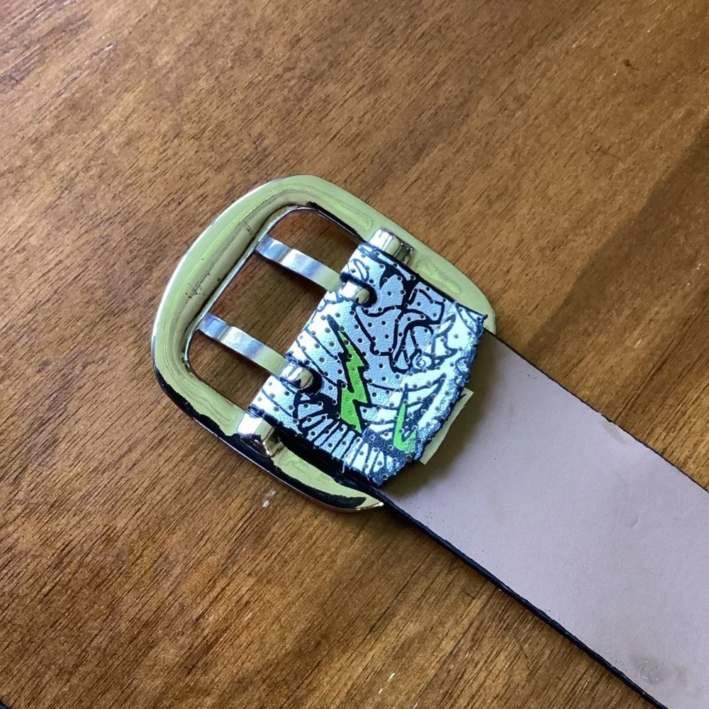 Faux Leather 1-3/4” Doodle Print Belt, Medium Skull Angel Wings Stars Pop‎ Art
